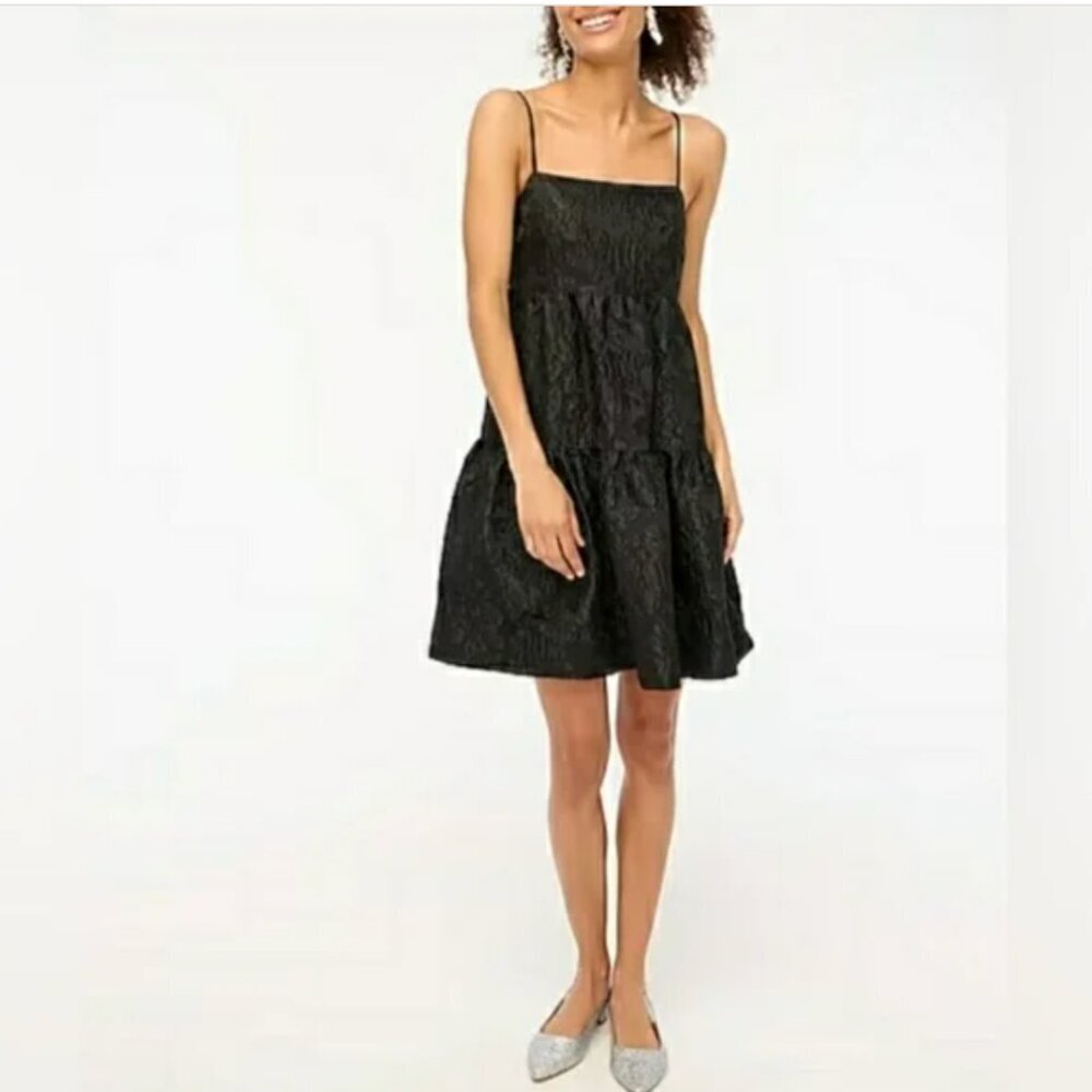 J. Crew Dress Size 10 tiered, black, brocade‎ Babydoll Formal Adjustable Straps